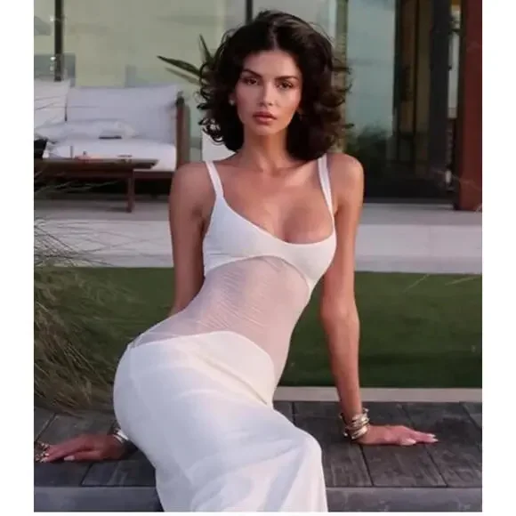 NWT Helsa Sheer Knit Curve Maxi Dress Vanilla  $498 msrp size M - Picture 3 of 11